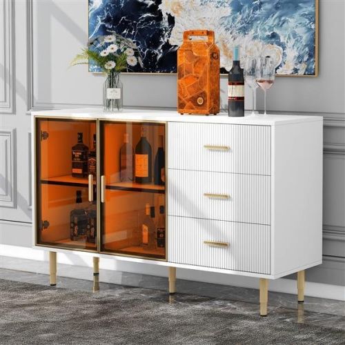 Modern Sideboard MDF Buffet Cabinet Marble Sticker Tabletop and Amber-yellow Tempered Glass Doors with Gold Metal Legs & Handles (White) Modern Sideboard MDF Buffet Cabinet Marble Sticker Tabletop and Amber-yellow Tempered Glass Doors with Gold Metal Legs & Handles (White)